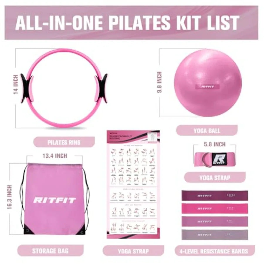 Pilates Kit - 14 Inch Pilates Ring Magic Circle with Pilates Ball, Resistance Bands and Yoga Strap, Pilates Equipment for Home