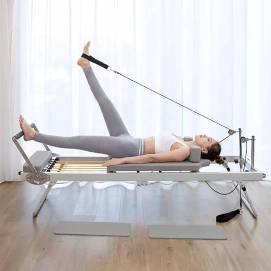 Foldable Pilates Reformer Machine with Adjustable Intensity Multifunctional Exercise Bed for Yoga and Body Training Black Steel