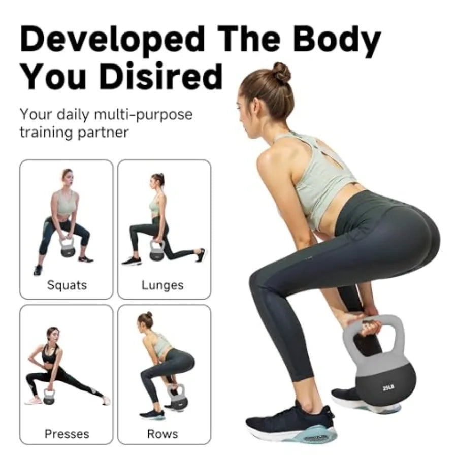 Home workout soft kettlebells: sand-filled color-coded anti-slip black and gray