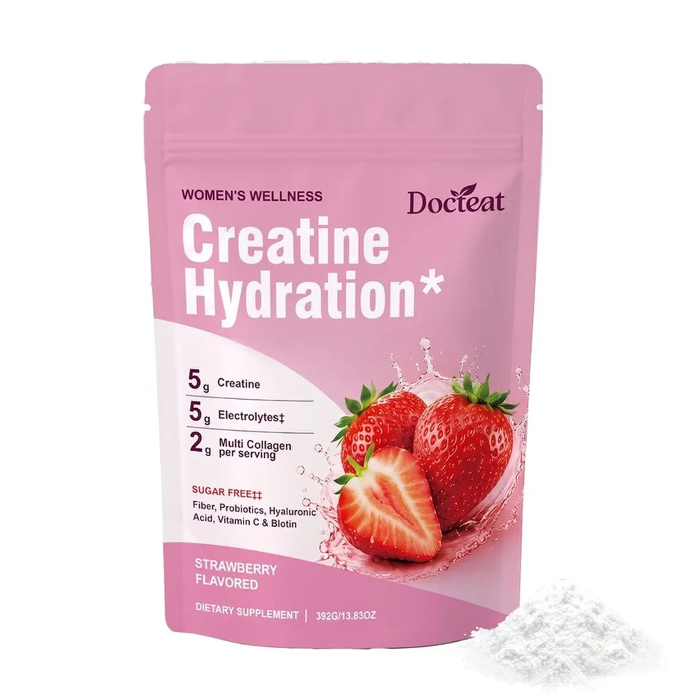 Docteat Creatine Powder Electrolytes Collagen Vitamin C Biotin Sugar Free Strawberry Flavor Women Fitness Wellness 30 Servings