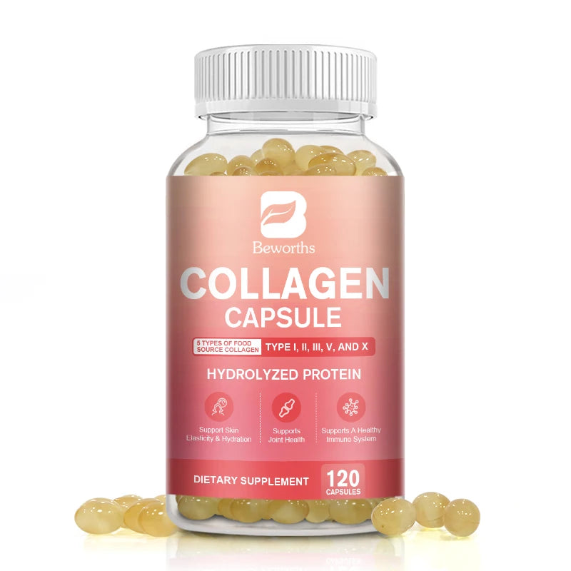 BEWORTHS Collagen Capsules Type I, II, III, V & X Hydrolyzes Protein Collagen Peptides Immune System and Skin, Joint Health
