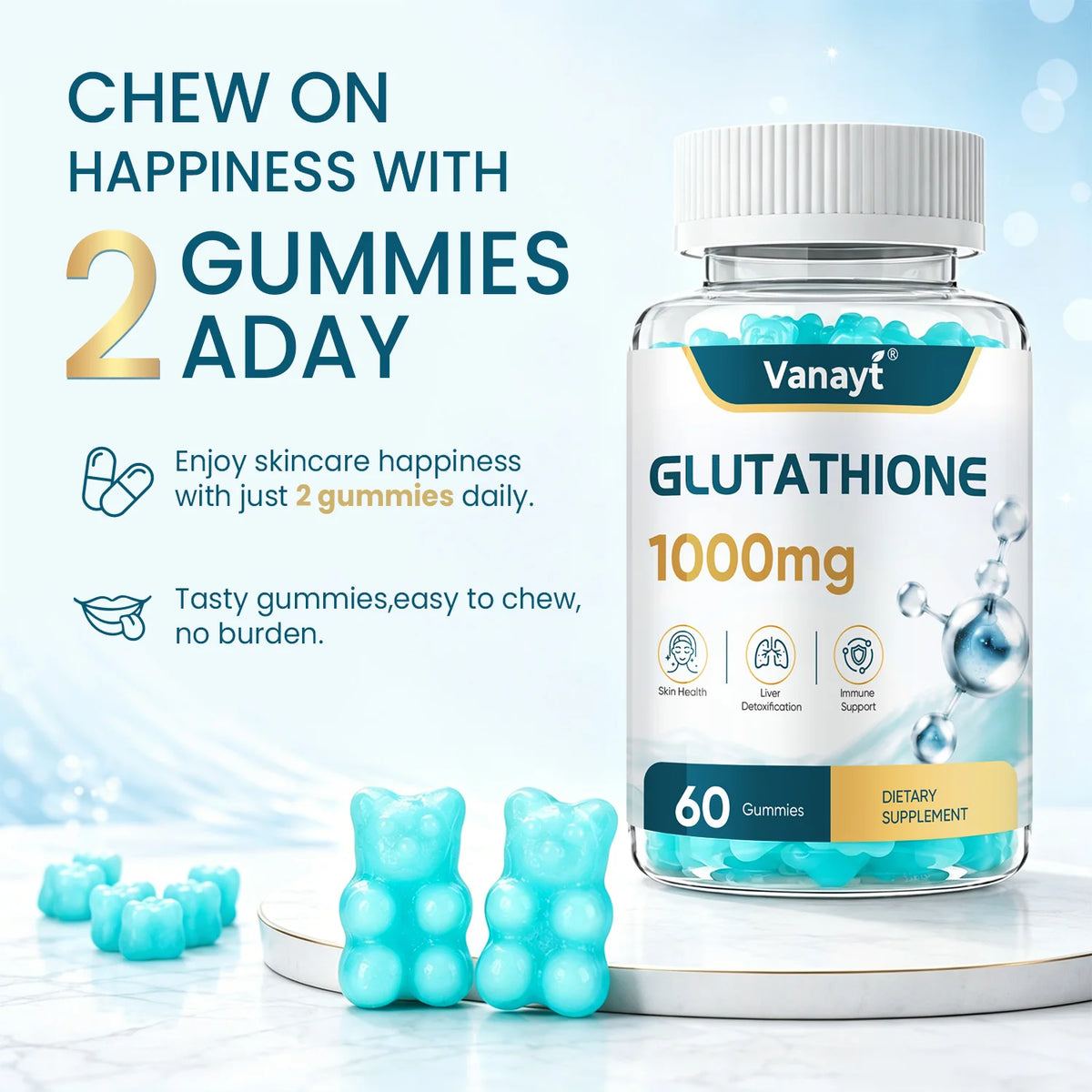 Vanayt Glutathione 1000mg Gummies Hydrolyzed Collagen Vitamin C 60Pcs Skin Health Liver Detox Immune Support Dietary Supplement