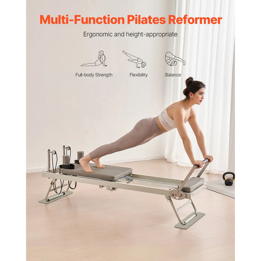 SucceBuy Foldable Pilates Reformer Pilates Workout Machine for Home Gym Studio Use Pilates Bed with Dual Resistance-Spring&Cord