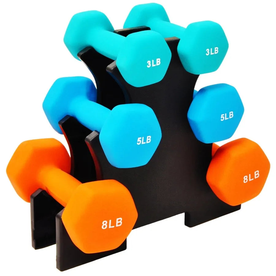 Home gym neoprene dumbbell set in black, red, blue with rack: 3lbs, 5lbs, 8lbsnon-slip, odor-resistant, space-saving design