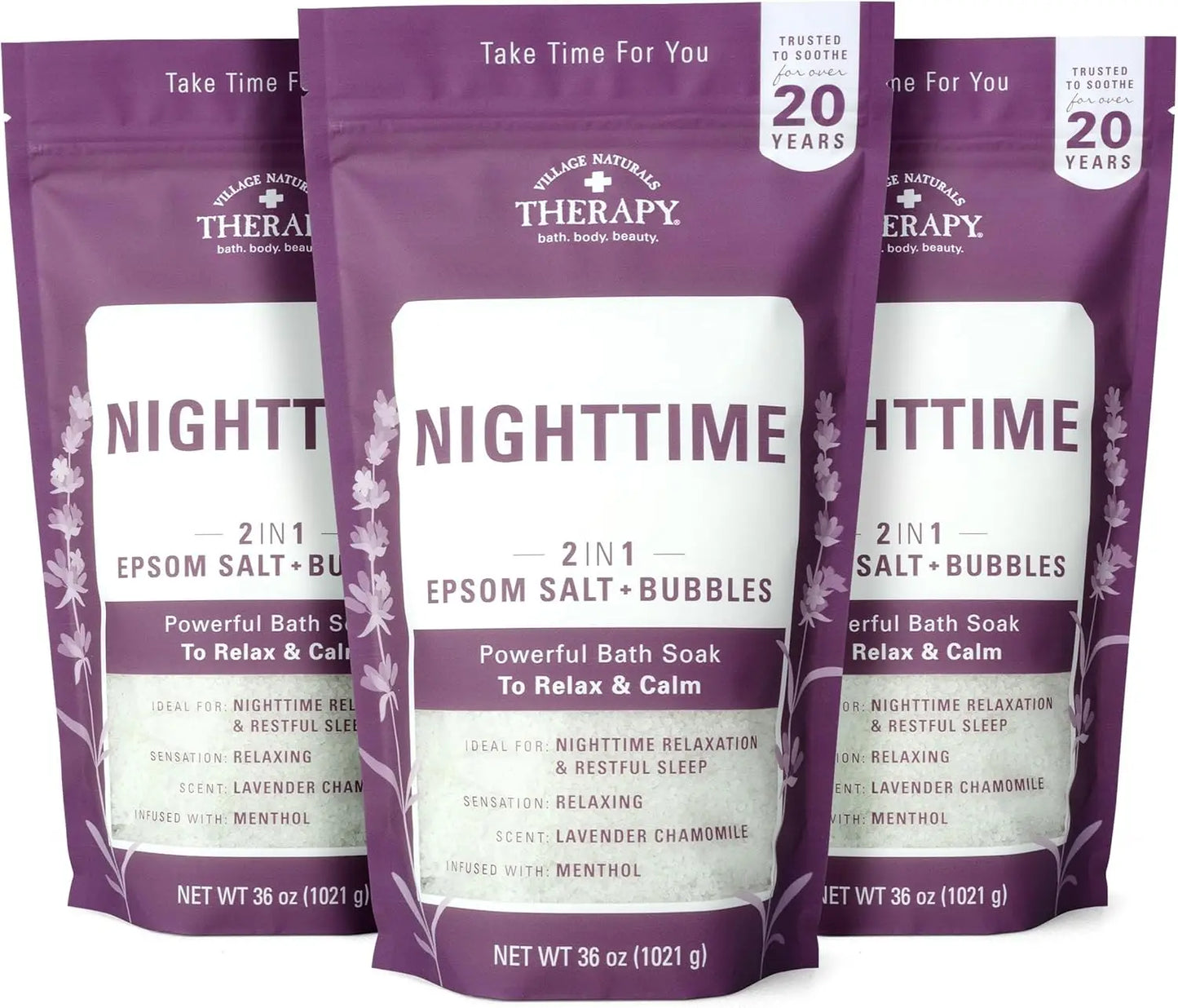Nighttime Foaming Epsom Soak, Lavender & Chamomile, 36 Oz Pack of 3, Relaxing Bath Salt for Sleep