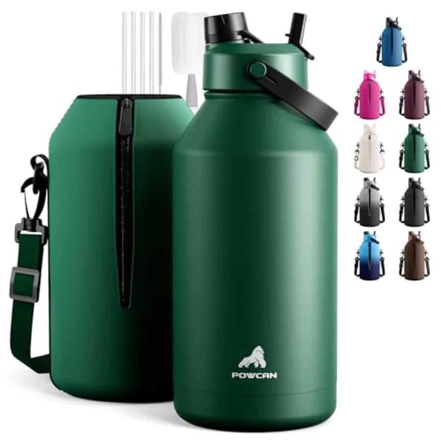 64 oz Insulated Water Bottle with 2-in-1 Straw and Spout Lid, Leakproof, Carrier Bag, Cleaning Brush, BPA-Free, Metal Water Bot
