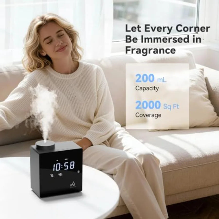 Smart waterless diffuser for home and large rooms, black ABS plastic, 2000 sq.ft coverage, cold air scent diffusion with clock