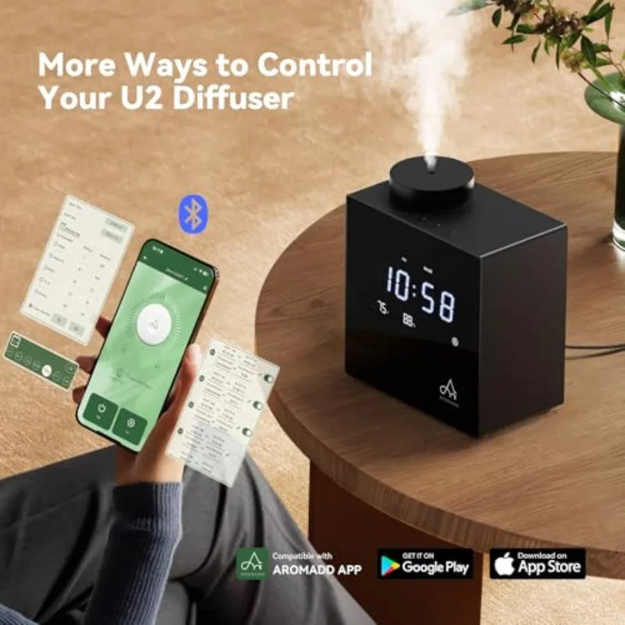 Smart waterless diffuser for home and large rooms, black ABS plastic, 2000 sq.ft coverage, cold air scent diffusion with clock