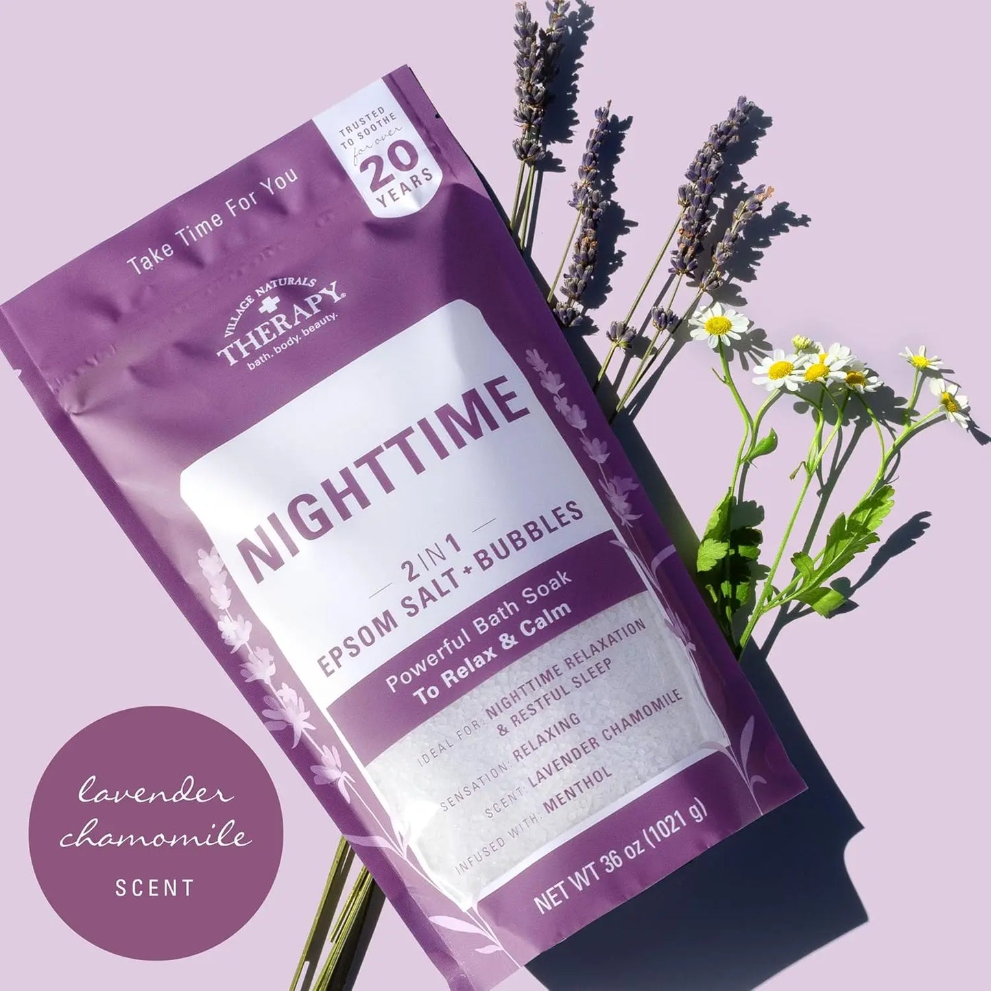 Nighttime Foaming Epsom Soak, Lavender & Chamomile, 36 Oz Pack of 3, Relaxing Bath Salt for Sleep