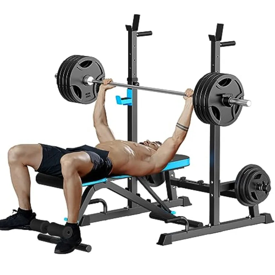 Adjustable Weight Bench with Squat Rack for Home Gym Full-Body Workout Steel Black Two-Piece Set Bench Press Stand Barbell Rack