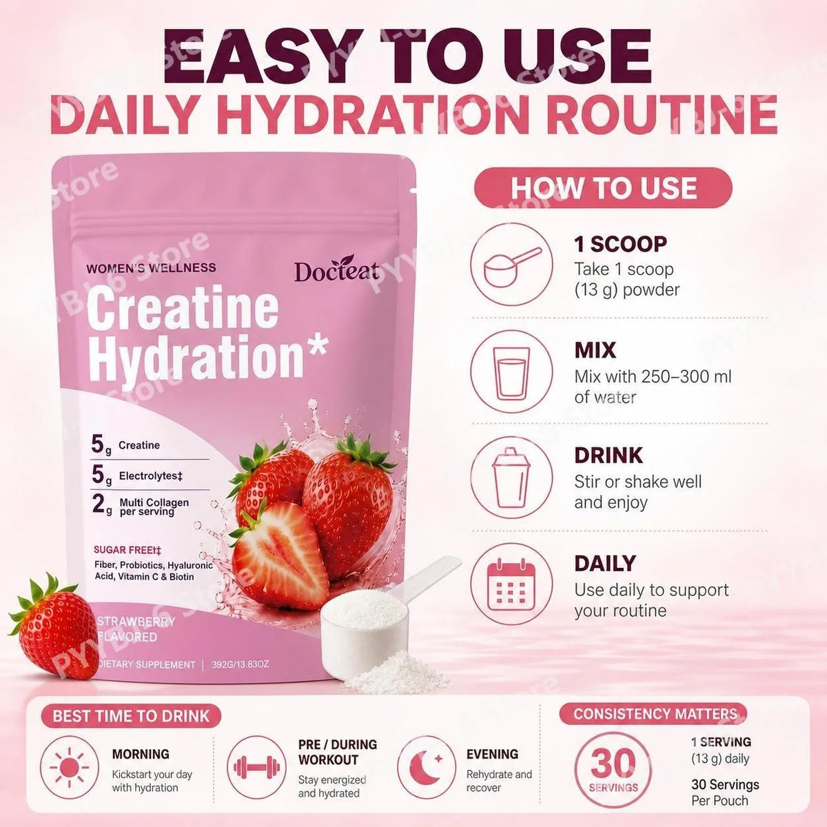 Docteat Creatine Powder Electrolytes Collagen Vitamin C Biotin Sugar Free Strawberry Flavor Women Fitness Wellness 30 Servings