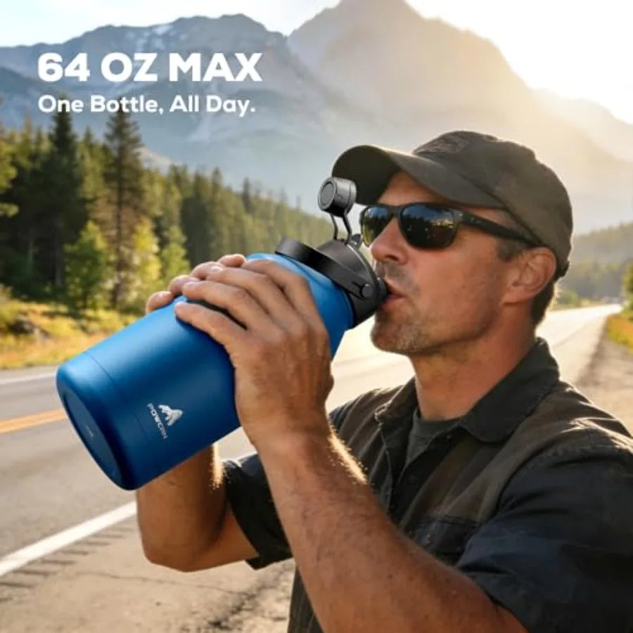 64 oz Insulated Water Bottle with 2-in-1 Straw and Spout Lid, Leakproof, Carrier Bag, Cleaning Brush, BPA-Free, Metal Water Bot