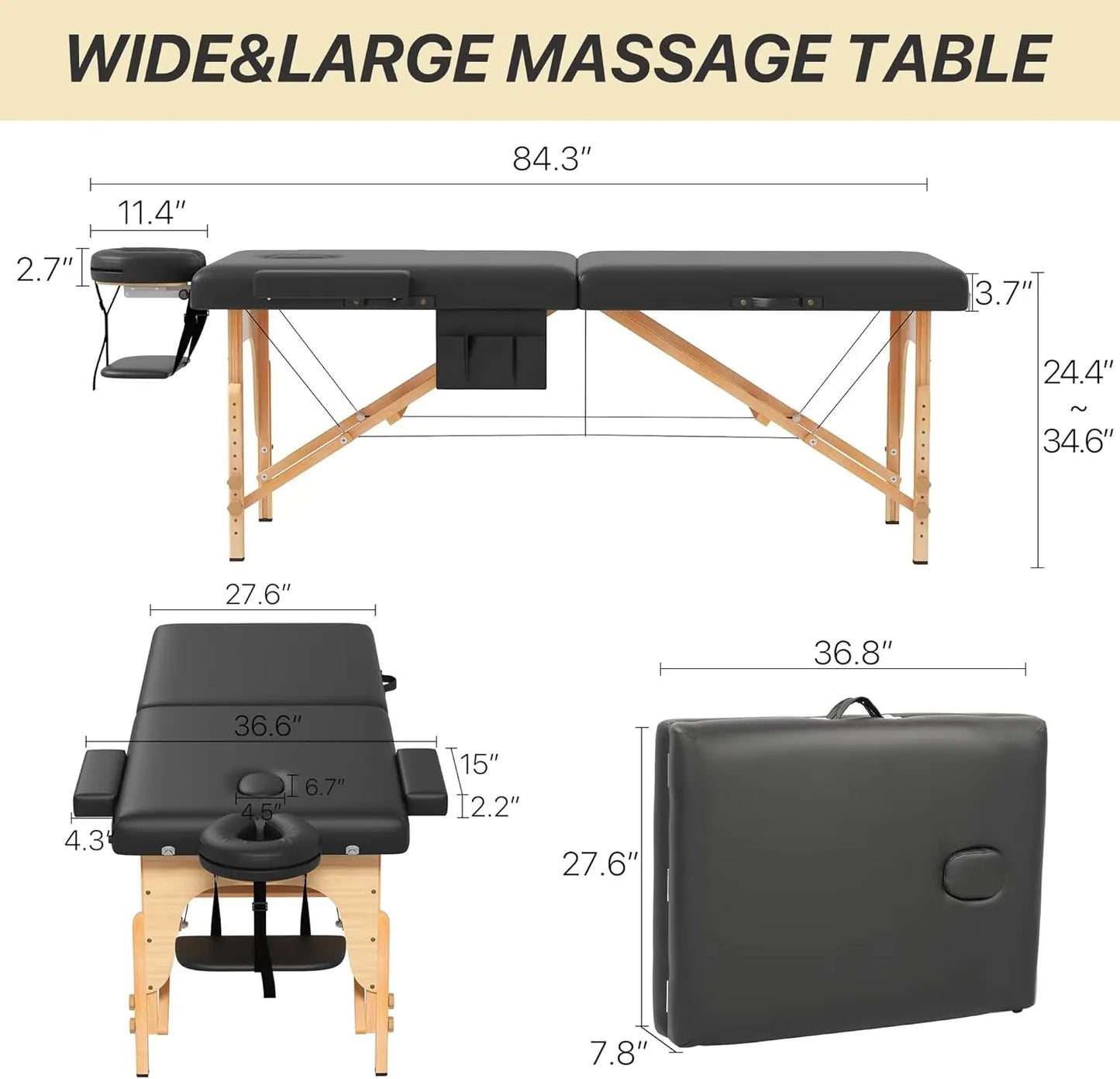 Memory Foam Massage Table, Portable Foldable, Height Adjustable, 84"L x 28"W, Home Salon Spa Bed with Accessories & Carrying Case, Easy Setup