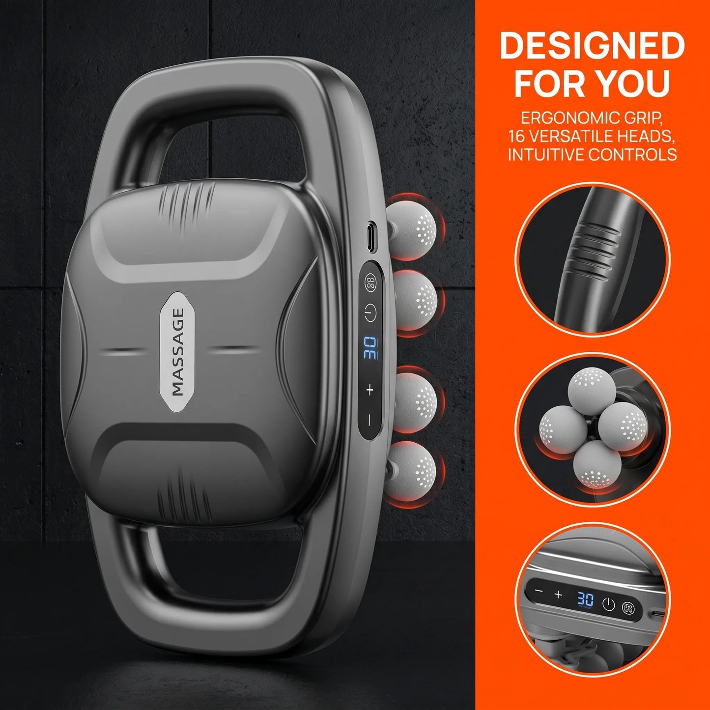 16 Head LCD Electric Massage Gun Quiet Cordless Deep Tissue Muscle Massager For Body Neck Back Relaxation Fitness
