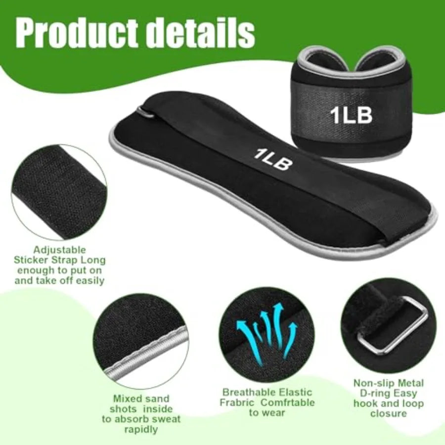 Ankle and wrist weights set for gym yoga walking jogging running; neoprene material black color; adjustable 1lb/2lb per pair so