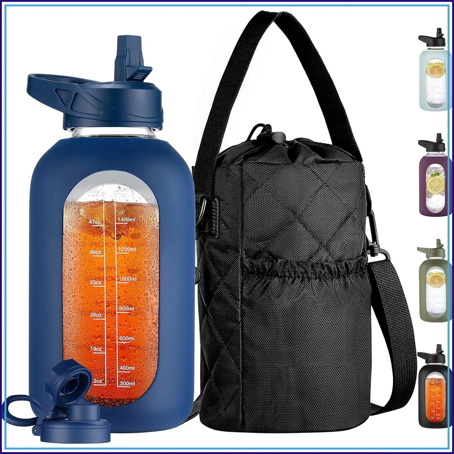 64 oz Glass Water Bottle with Straw, Time Marker, Insulated Holder, 2 Lids