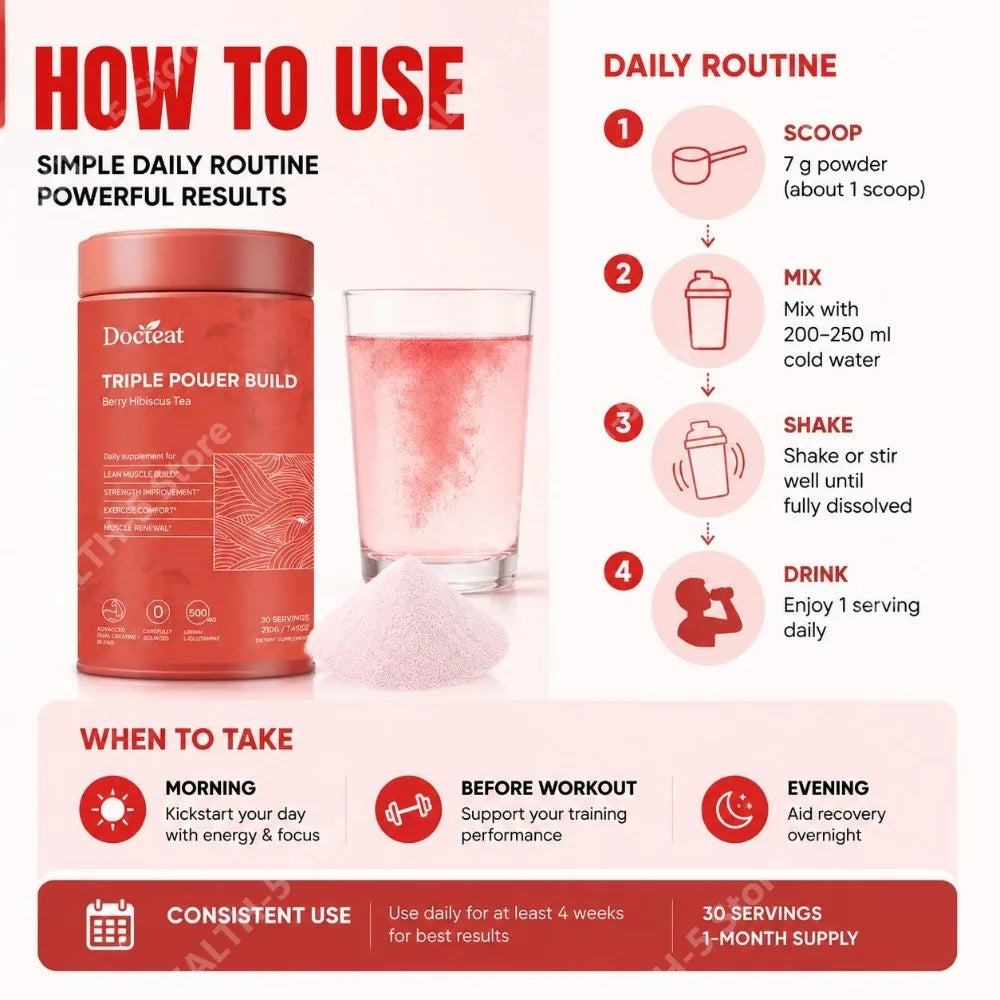 Docteat Berry Hibiscus Tea Creatine Powder with Creatine HCL and L-Glutamine, Supports Hydration and Electrolytes, 30 Servings