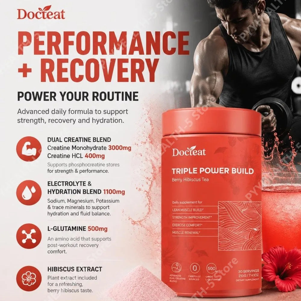 Docteat Berry Hibiscus Tea Creatine Powder with Creatine HCL and L-Glutamine, Supports Hydration and Electrolytes, 30 Servings