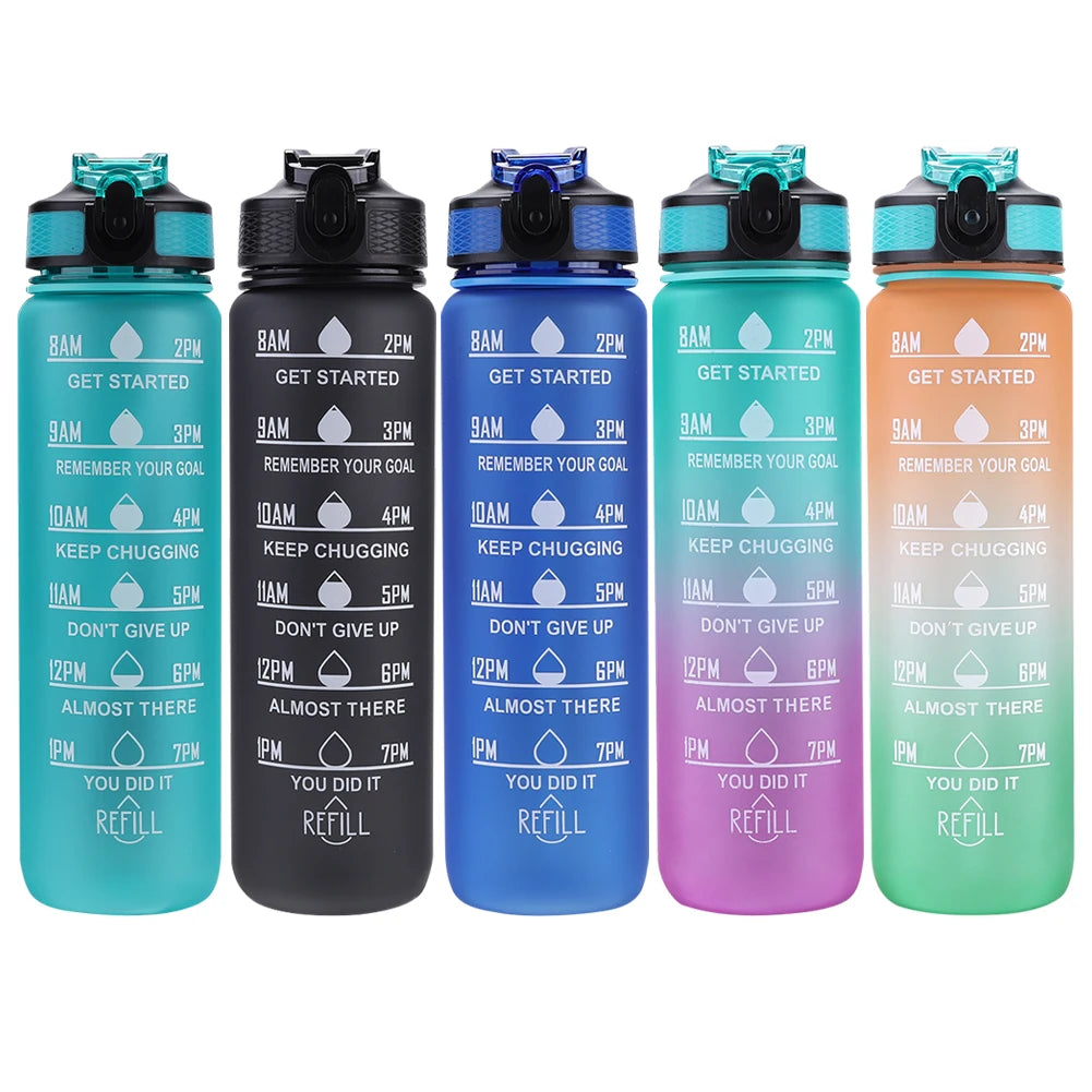 1000ml Sports Water Bottle Leakproof Plastic Frosted Cup with Time Scale Portable Drinking Cup for Fitness Cycling