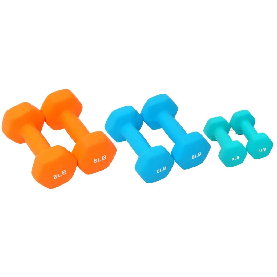 Home gym neoprene dumbbell set in black, red, blue with rack: 3lbs, 5lbs, 8lbsnon-slip, odor-resistant, space-saving design