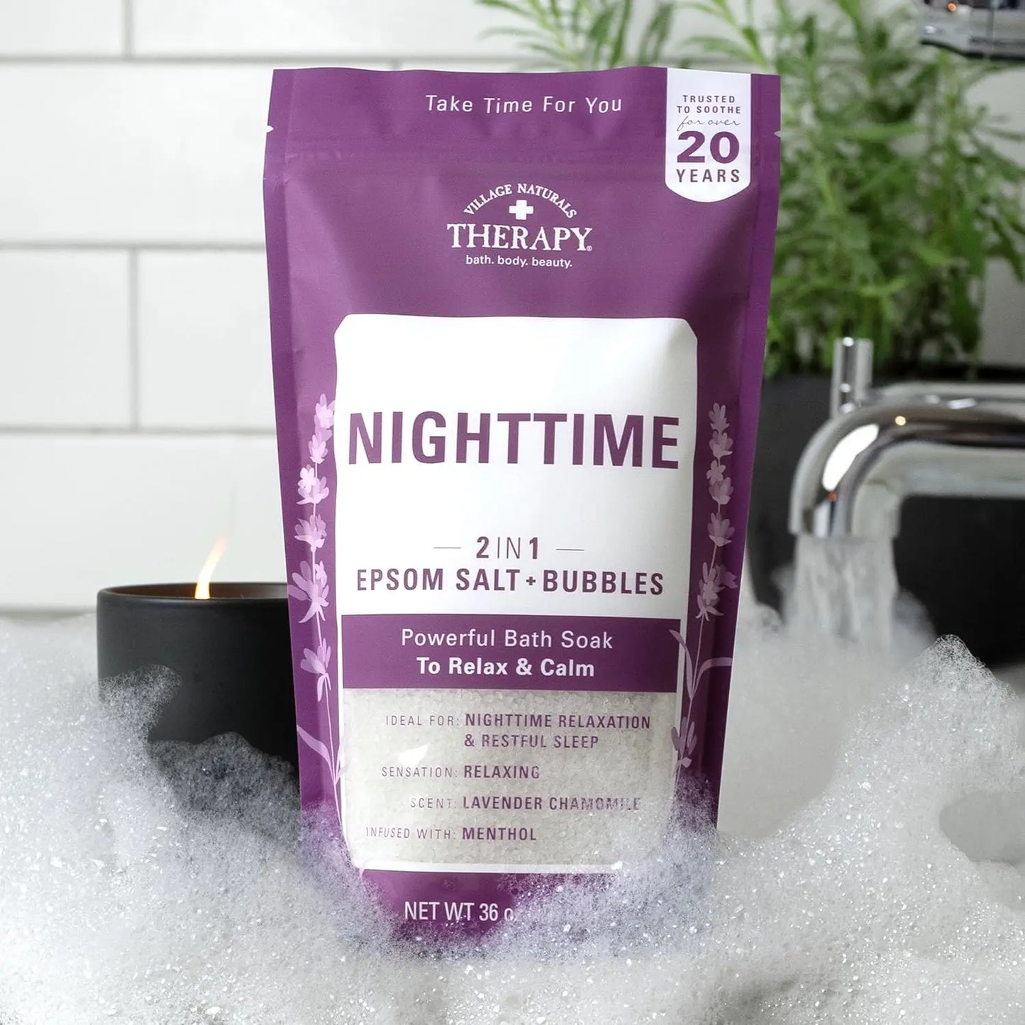 Nighttime Foaming Epsom Soak, Lavender & Chamomile, 36 Oz Pack of 3, Relaxing Bath Salt for Sleep