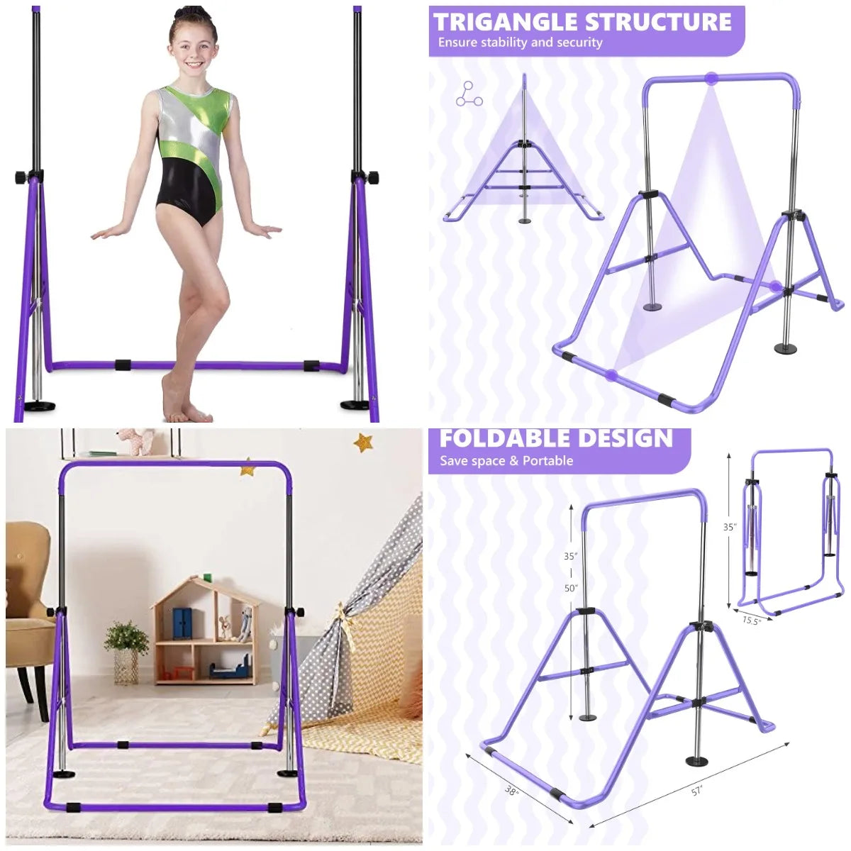 Gymnastics Bar with Mat, Foldable Gymnastics Horizontal Bar Height Adjustable, Gymnastics Equipment