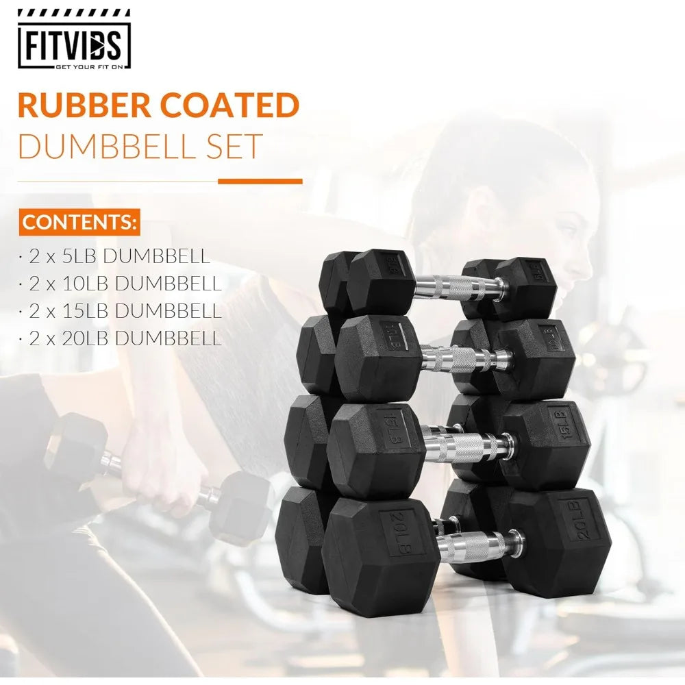 Fitvids Rubber Encased Hex Dumbbell Set with Contoured Handle for Muscle Toning Strength Building Full Body Workout Fitness Equi