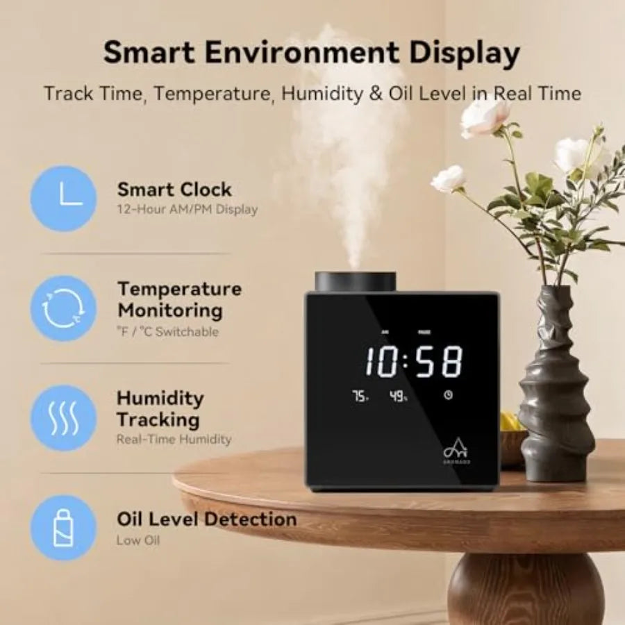 Smart waterless diffuser for home and large rooms, black ABS plastic, 2000 sq.ft coverage, cold air scent diffusion with clock