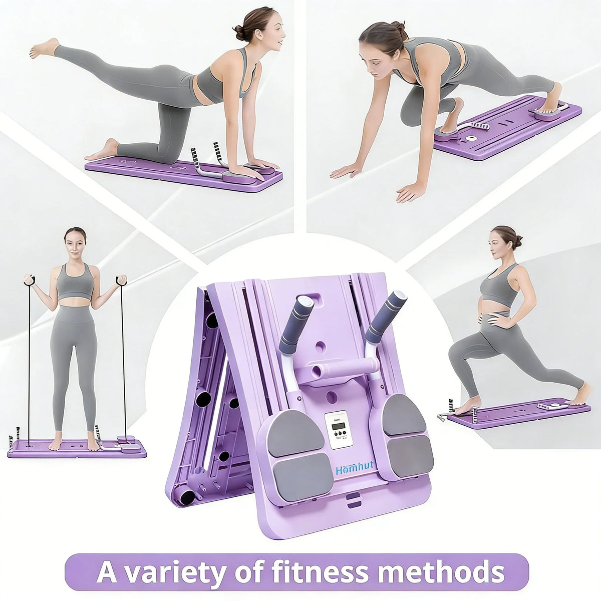 Pilates Sliding Board Foldable Fitness Reformer Platform Home Workout Equipment with Resistance Bands Abdominal Leg Training Machine Multifunctional Yoga Exercise Board Portable Full Body Workout Pilates Board