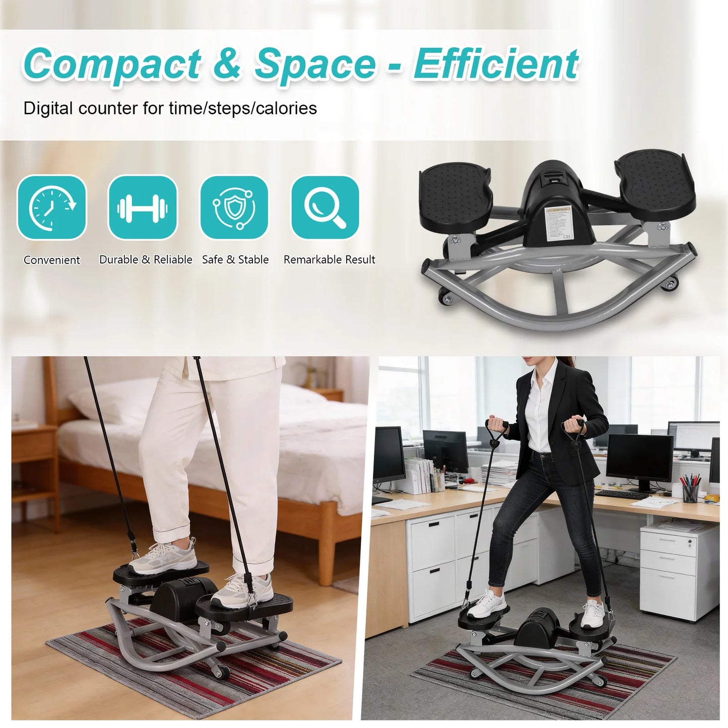 Rock Stepper Machine with Digital Display & Resistance Bands 250 LBS Weight Capacity for Knees Joints Legs Glutes Abs