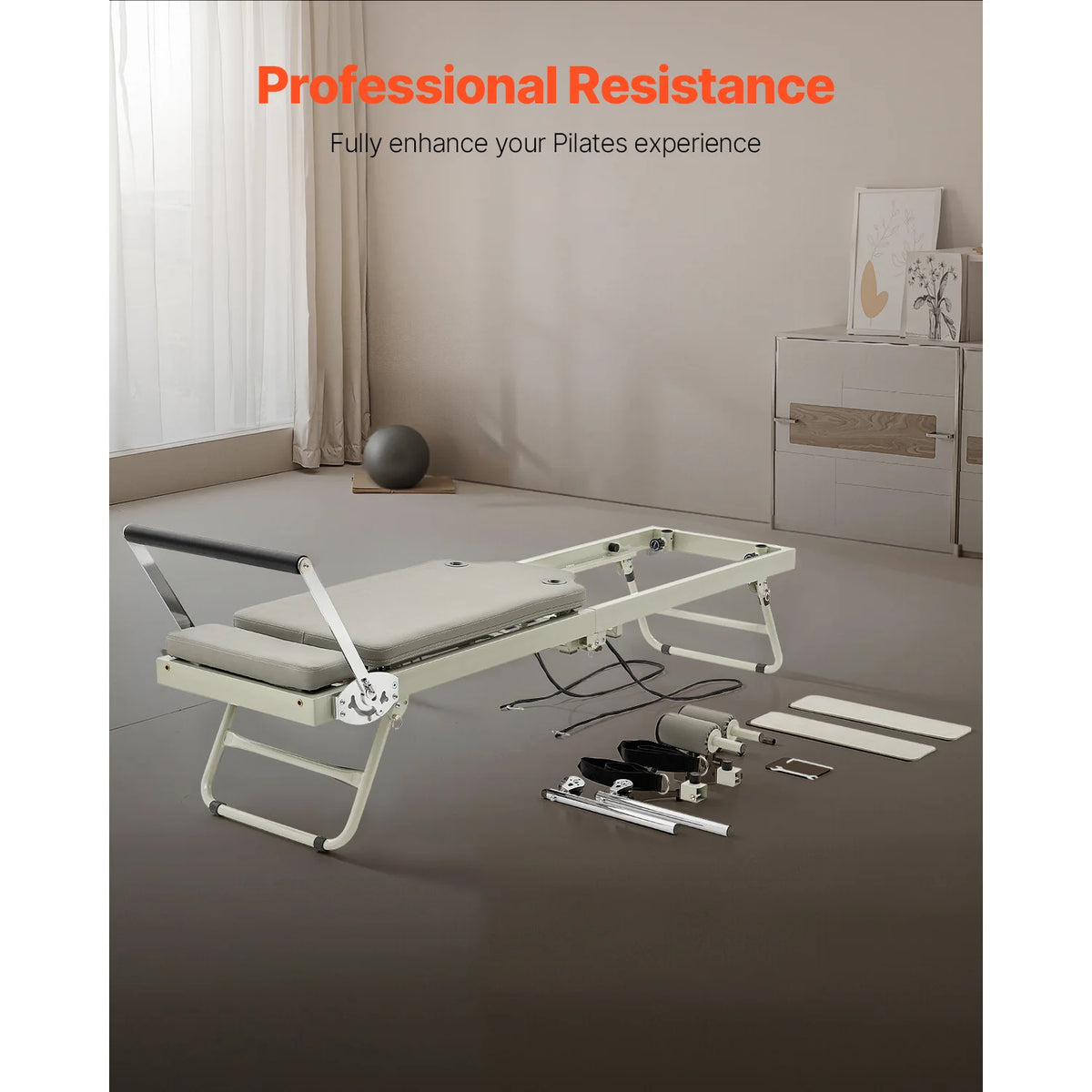 SucceBuy Foldable Pilates Reformer Pilates Workout Machine for Home Gym Studio Use Pilates Bed with Dual Resistance-Spring&Cord