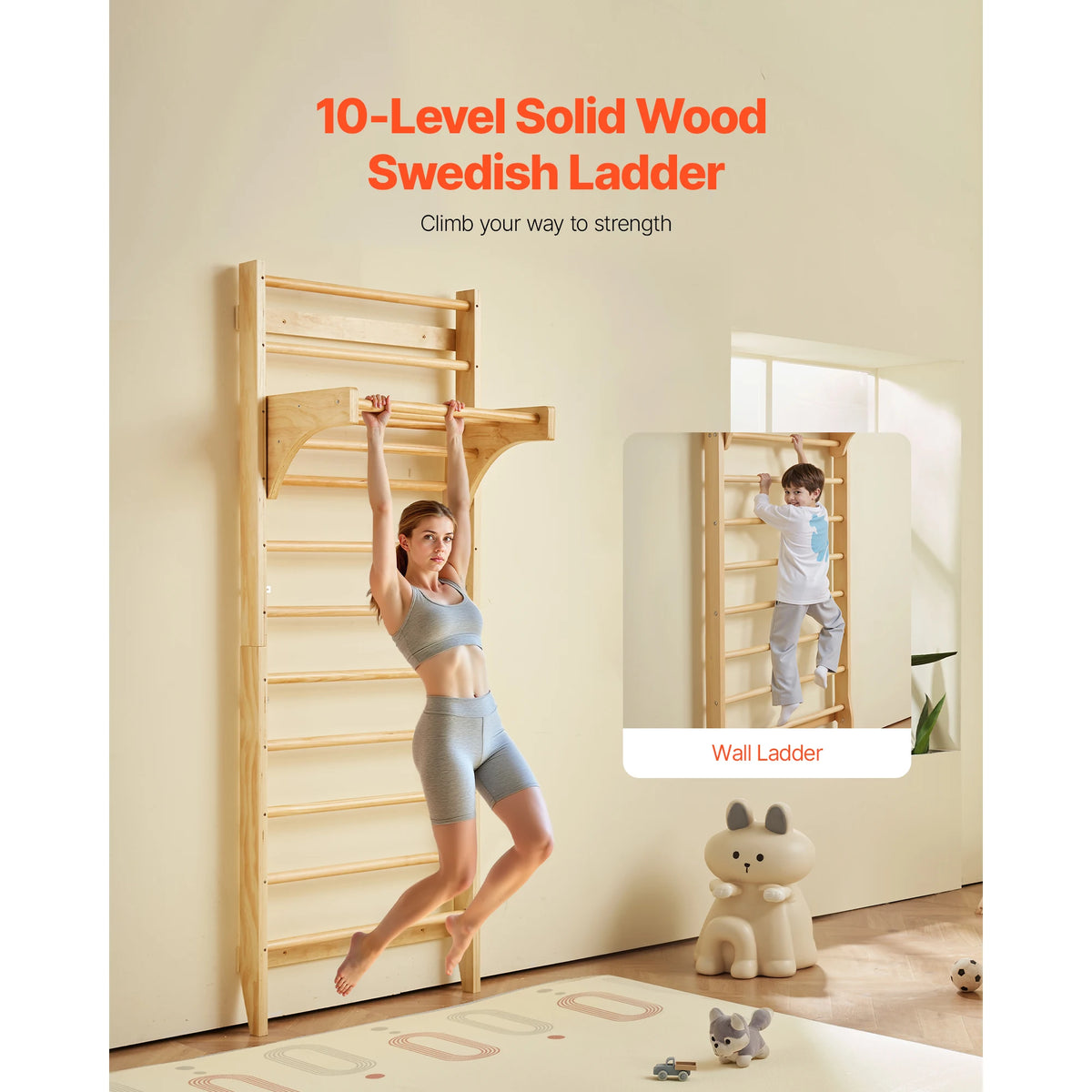 VEVOR 220lbs Swedish Ladder Wall Gym Solid Wood Indoor Jungle Gym for Kid Gymnastic Stall Bars w/ Pull-Up Bar for Boys Girls