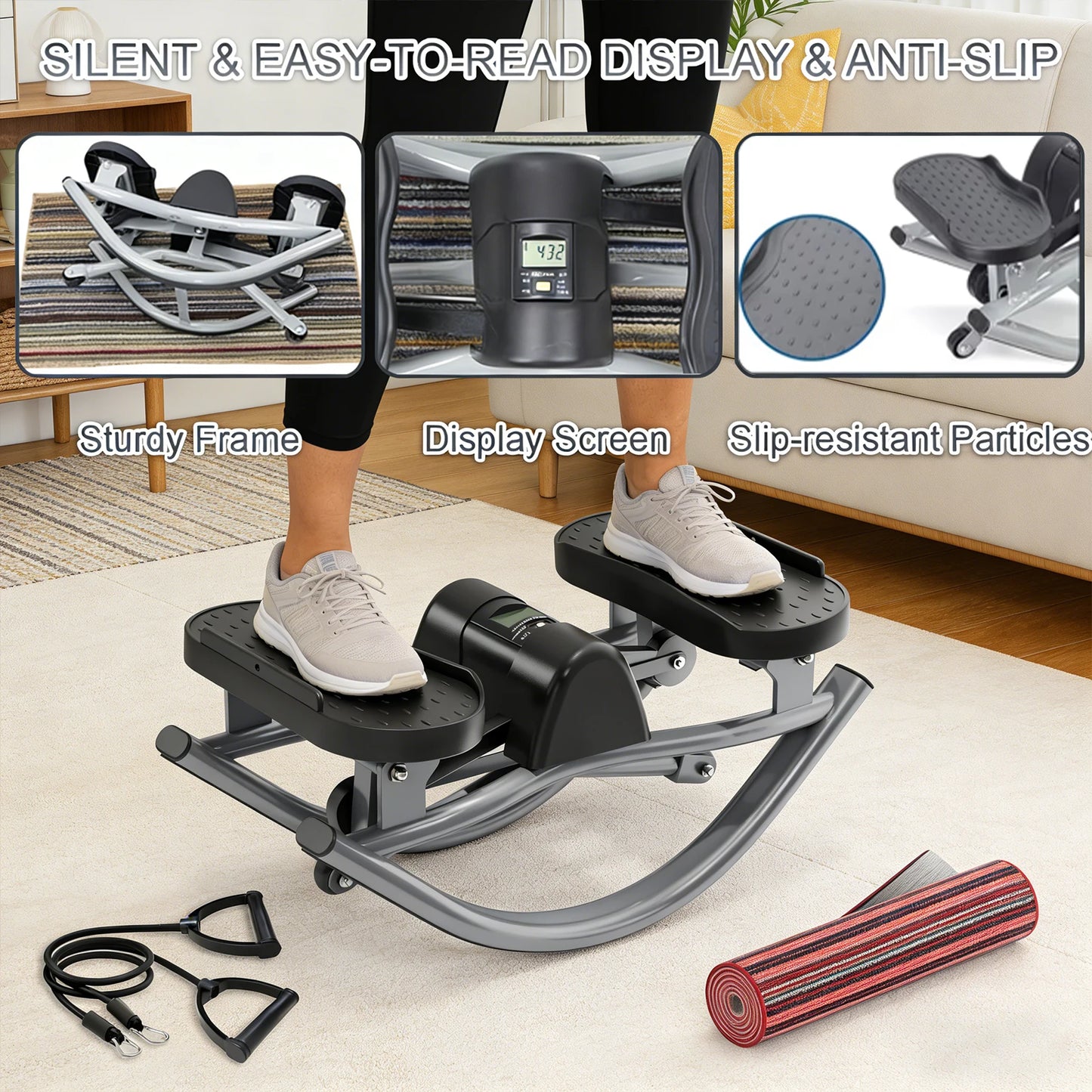 Rock Stepper Exercise Machine, Silent Lateral Swing Stepper with Resistance Ropes & Yoga Mat, Portable Mini Stair Climber Home