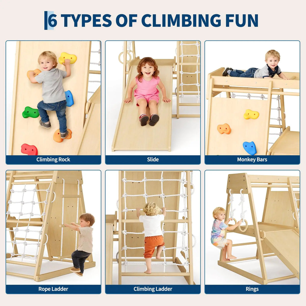 6 In 1 Wooden Indoor Jungle Gym For Kids, Slide Climber Playset With Monkey Bars, Rock Wall, Rope Net, Rings & Ladder For Home