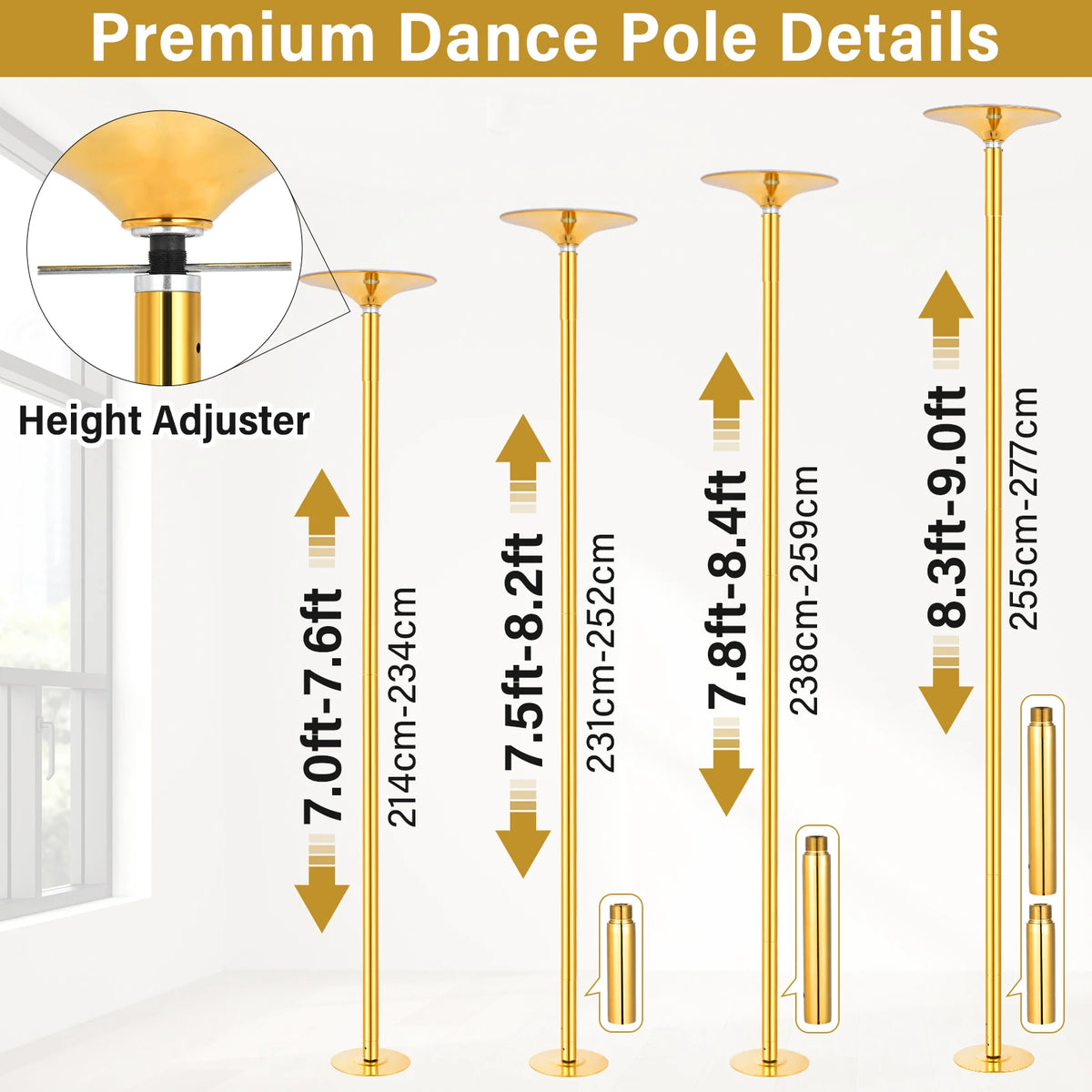 Heavy Duty 45mm Removable Dance Pole, Spinning and Static Portable Pole for Home, Professional Fitness Pole Kit with Anti-Slip Pressure Mount, Height Adjustable for 7.09-9.0 Ft Ceilings