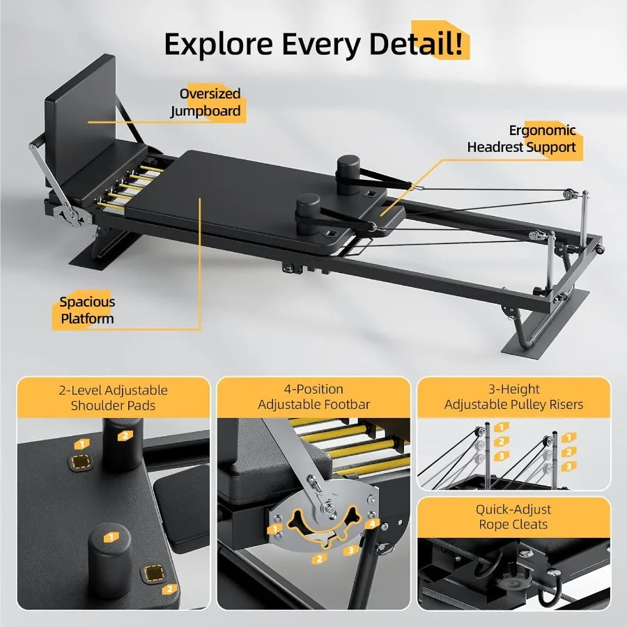 Pilates Reformer Machine 91 Foldable with Jumpboard and Wire Springs for Home Gym Black