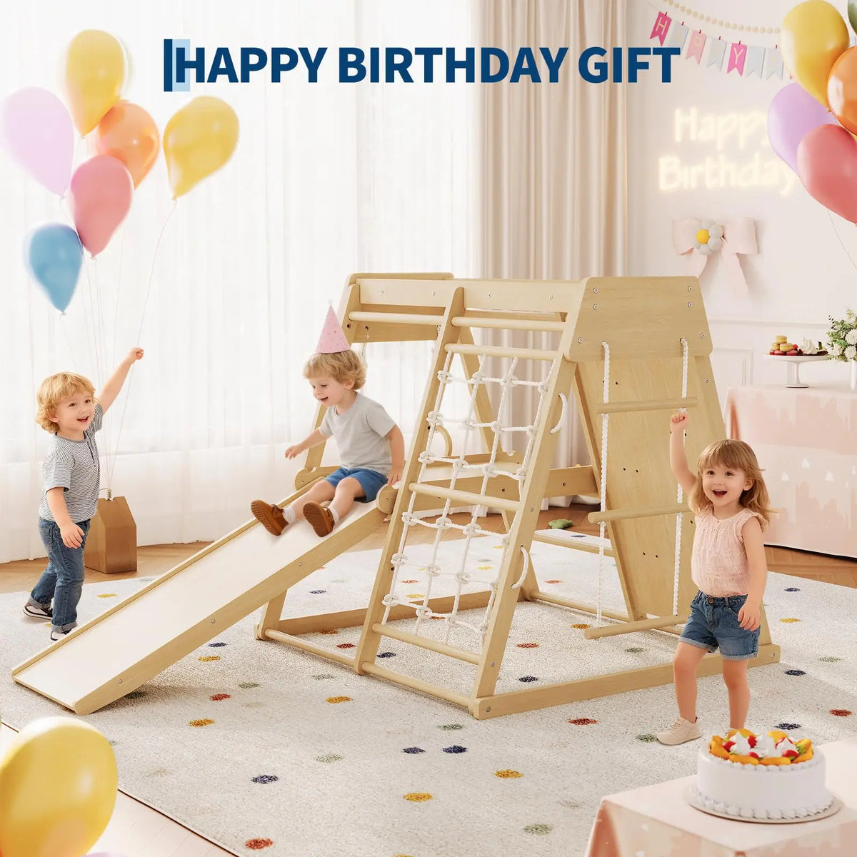 6 In 1 Wooden Indoor Jungle Gym For Kids, Slide Climber Playset With Monkey Bars, Rock Wall, Rope Net, Rings & Ladder For Home