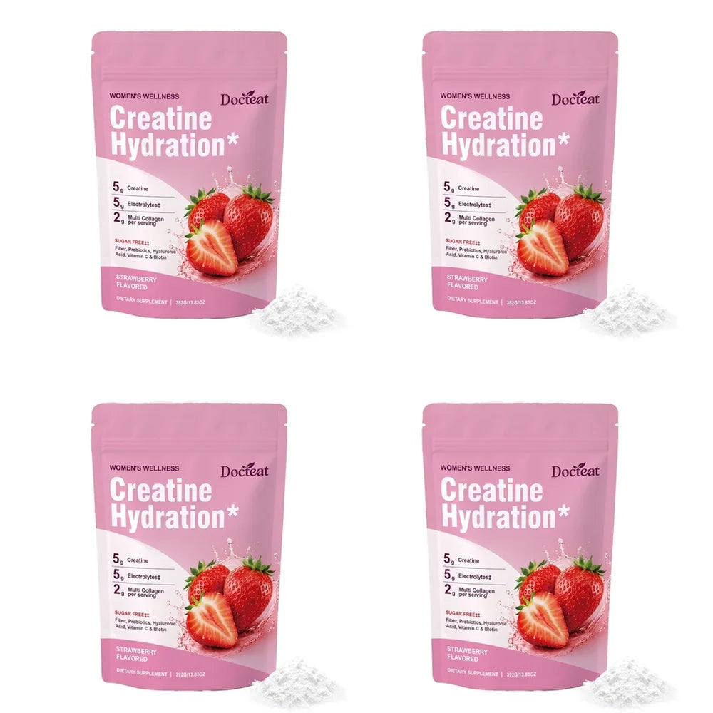 Docteat Creatine Powder Electrolytes Collagen Vitamin C Biotin Sugar Free Strawberry Flavor Women Fitness Wellness 30 Servings