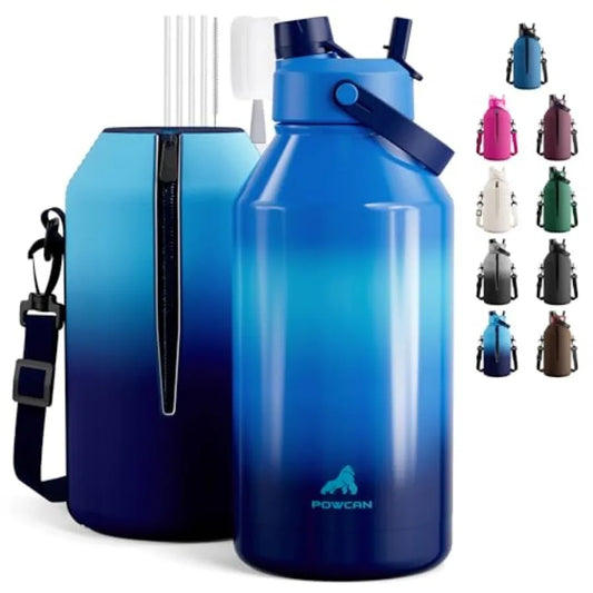 64 oz Insulated Water Bottle with 2-in-1 Straw and Spout Lid, Leakproof, Carrier Bag, Cleaning Brush, BPA-Free, Metal Water Bot