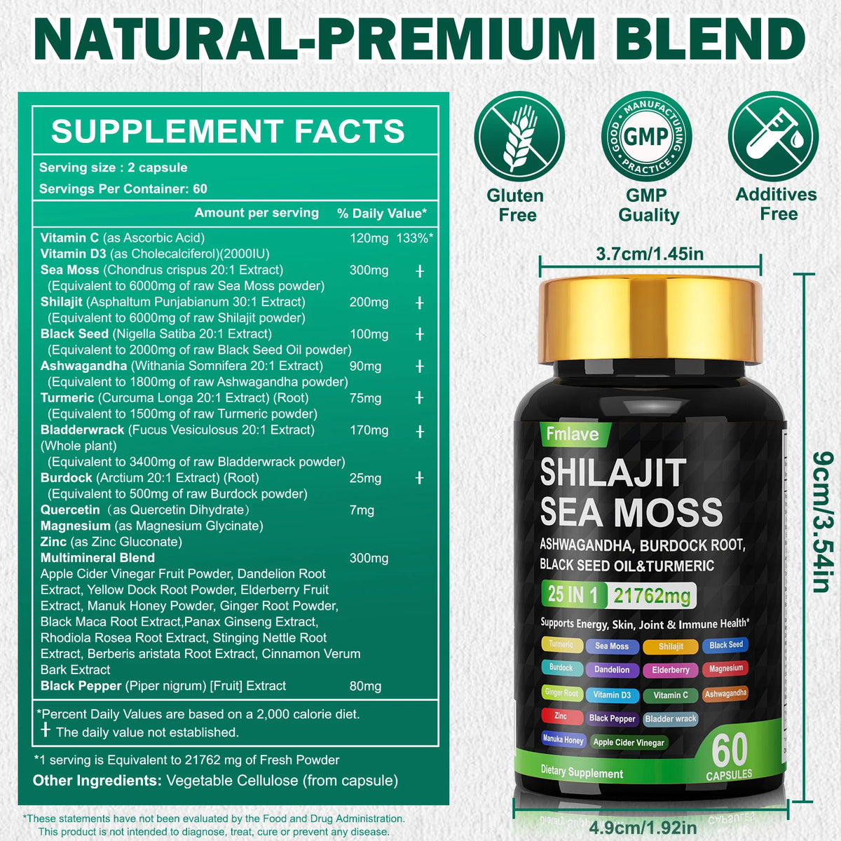Sea Moss Shilajit Ashwagandha , Sea Moss Capsule Supplement with Turmeric Burdock Root Bladderwrack Vitamin C Vitamin D3 Enhanced Immunity & Energy Black Seed Oil Capsule