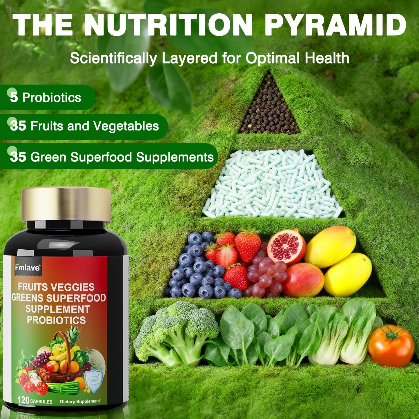 Fmlave Fruits and Veggies Supplement Reds & Green Superfood - Balance of Over 70 Fruit & Vegetable Supplements Capsules with Probiotics Prebiotics Digestive --120Caplules
