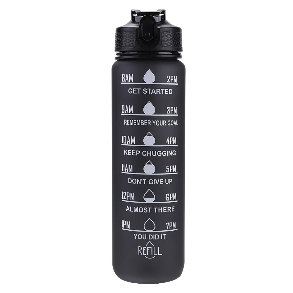 1000ml Sports Water Bottle Leakproof Plastic Frosted Cup with Time Scale Portable Drinking Cup for Fitness Cycling