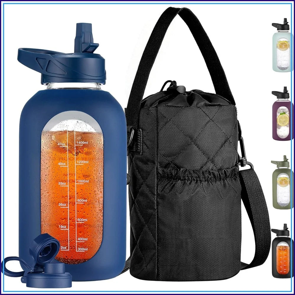 64 oz Glass Water Bottle with Straw, Time Marker, Insulated Holder, 2 Lids
