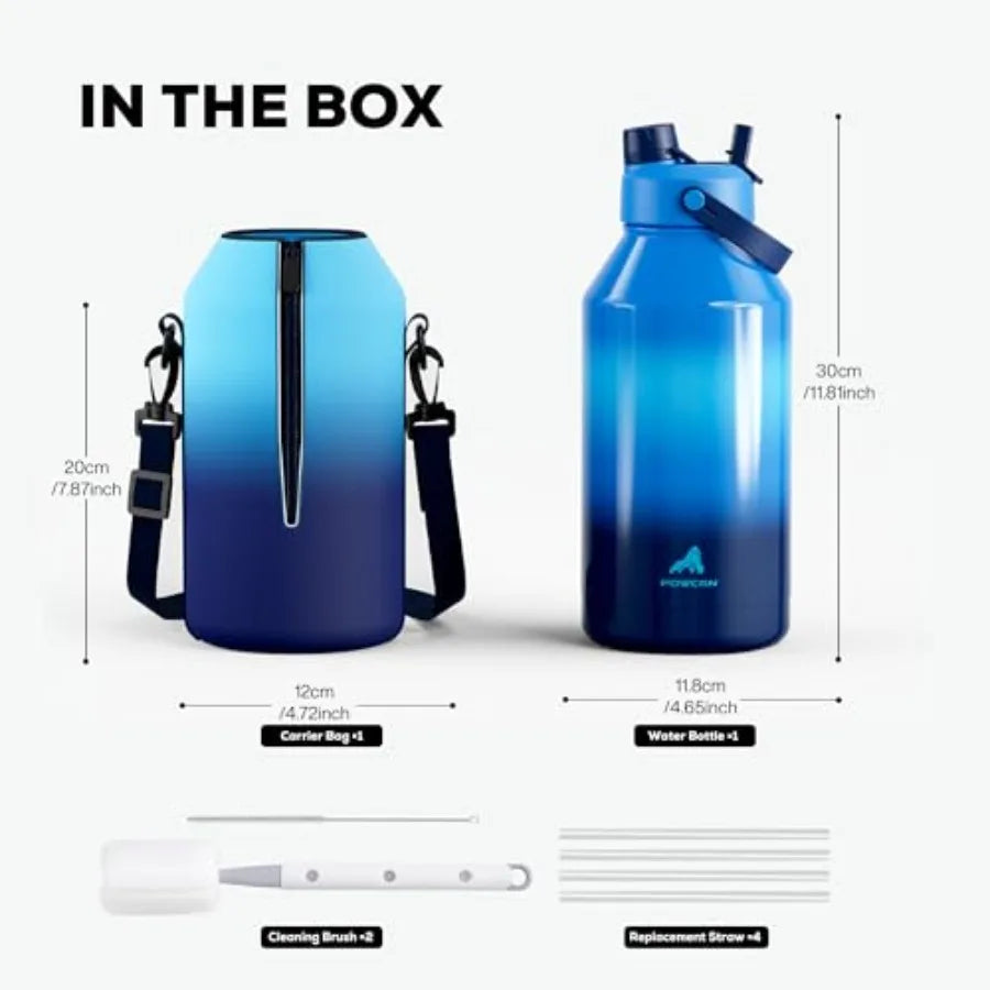 64 oz Insulated Water Bottle with 2-in-1 Straw and Spout Lid, Leakproof, Carrier Bag, Cleaning Brush, BPA-Free, Metal Water Bot