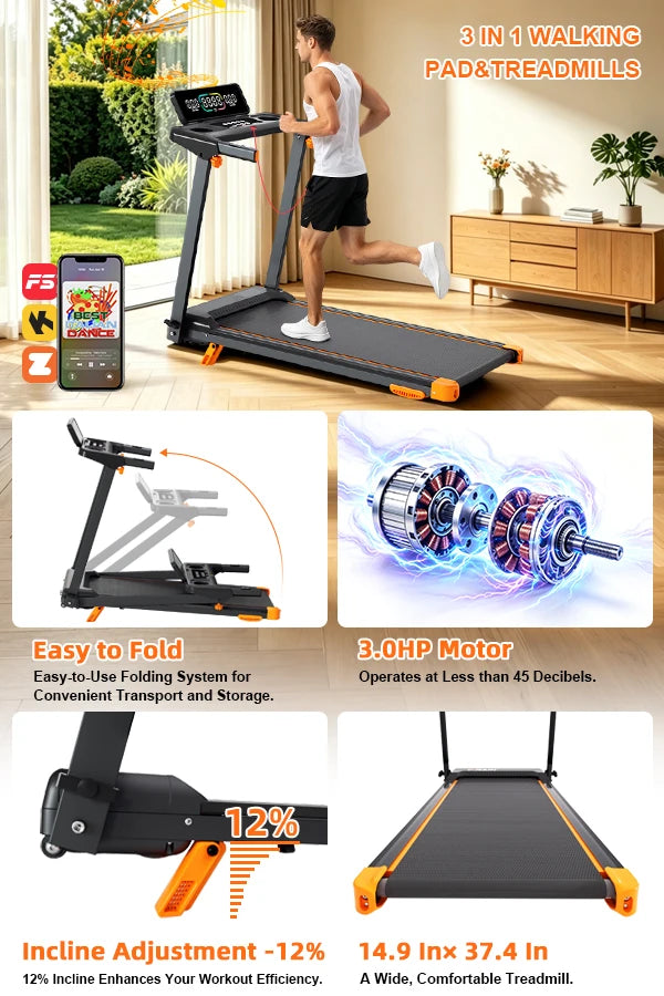 Quiet 3-in-1 Foldable Walking Pad Treadmill with 12% Incline for Home, 12 Preprogrammed HIIT Modes, Supports up to 300 LBS, Smart Treadmill Built with LED Display, Heart Rate Sensor, Bluetooth Speaker & App Connection
