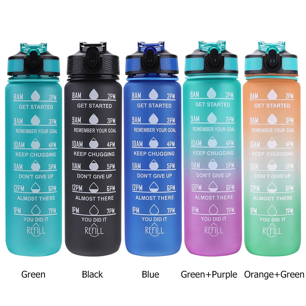 1000ml Sports Water Bottle Leakproof Plastic Frosted Cup with Time Scale Portable Drinking Cup for Fitness Cycling