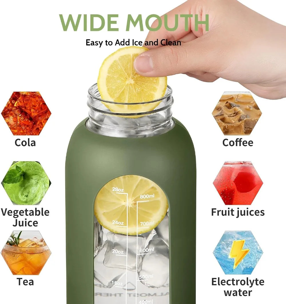 64 oz Glass Water Bottle with Straw, Time Marker, Insulated Holder, 2 Lids