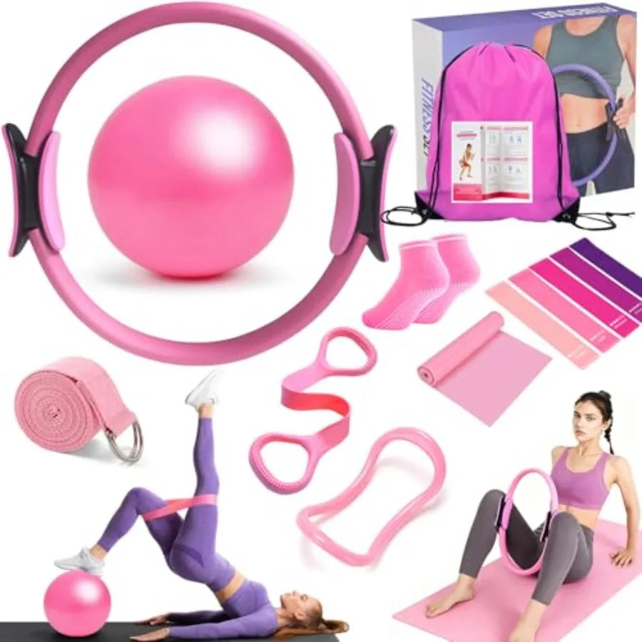 Pilates Ring Equipment Set, Home Pilates Kit for Women with 13'' Magic Ring with Dual Padded Handles, Small Pilates Ball, 5 Res
