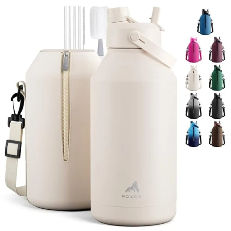 64 oz Insulated Water Bottle with 2-in-1 Straw and Spout Lid, Leakproof, Carrier Bag, Cleaning Brush, BPA-Free, Metal Water Bot