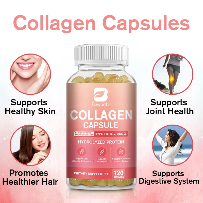 BEWORTHS Collagen Capsules Type I, II, III, V & X Hydrolyzes Protein Collagen Peptides Immune System and Skin, Joint Health